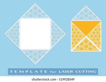 Square laser cut envelope template. Vector openwork filigree template for wedding invitation or greeting card. Decorative design element with lace ornament, hand drawn doodle floral pattern.