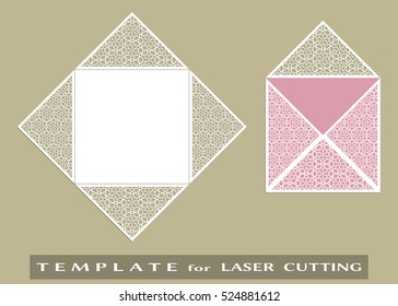 Square laser cut envelope template. Vector openwork filigree template for wedding invitation or greeting card. Decorative design element with lace ornament, hand drawn doodle floral pattern.