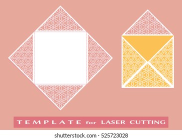 Square laser cut envelope template. Vector openwork filigree template for wedding invitation or greeting card. Decorative design element with lace ornament, hand drawn doodle floral pattern.