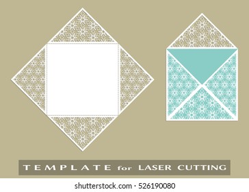 Square laser cut envelope template. Vector openwork filigree template for wedding invitation or greeting card. Decorative design element with lace ornament, hand drawn doodle floral pattern.