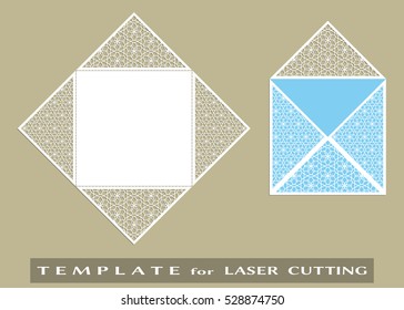 Square laser cut envelope template. Vector openwork filigree template for wedding invitation or greeting card. Decorative design element with lace ornament, hand drawn doodle floral pattern.