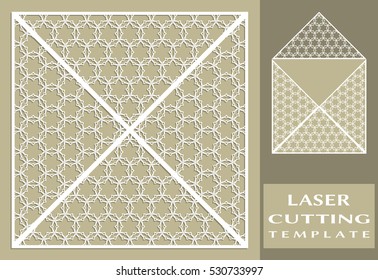 Square laser cut envelope template. Decorative cutout triangle panels, isolated design elements for greeting card or wedding invitation. Vector openwork filigree template with lace pattern