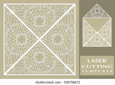 Square laser cut envelope template. Decorative cutout triangle panels, isolated design elements for greeting card or wedding invitation. Vector openwork filigree template with doodle lace pattern