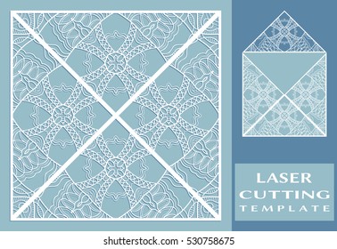 Square laser cut envelope template. Decorative cutout triangle panels, isolated design elements for greeting card or wedding invitation. Vector openwork filigree template with doodle lace pattern