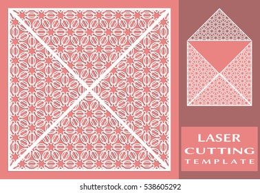 Square laser cut envelope template. Vector openwork filigree template for wedding invitation or greeting card. Decorative design element with lace ornament, hand drawn doodle floral pattern.