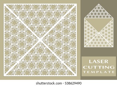 Square laser cut envelope template. Vector openwork filigree template for wedding invitation or greeting card. Decorative design element with lace ornament, hand drawn doodle floral pattern.