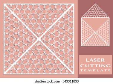 Square laser cut envelope template. Vector openwork filigree template for wedding invitation or greeting card. Decorative design element with lace ornament, hand drawn doodle floral pattern.