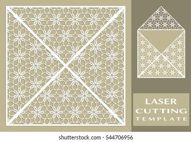Square laser cut envelope template. Vector openwork filigree template for wedding invitation or greeting card. Decorative design element with lace ornament, hand drawn doodle floral pattern.