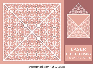 Square laser cut envelope template. Vector openwork filigree template for wedding invitation or greeting card. Decorative design element with lace ornament, hand drawn doodle floral pattern.