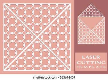 Square laser cut envelope template. Vector openwork filigree template for wedding invitation or greeting card. Decorative design element with lace ornament, hand drawn doodle floral pattern.