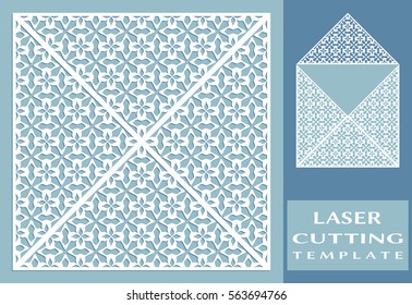 Square laser cut envelope template. Vector openwork filigree template for wedding invitation or greeting card. Decorative design element with lace ornament, hand drawn doodle floral pattern.