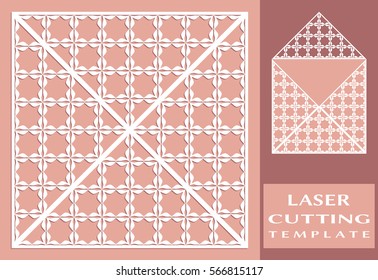 Square laser cut envelope template. Vector openwork filigree template for wedding invitation or greeting card. Decorative design element with lace ornament, hand drawn doodle floral pattern.