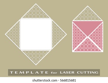 Square laser cut envelope template. Vector openwork filigree template for wedding invitation or greeting card. Decorative design element with lace ornament, hand drawn doodle floral pattern.