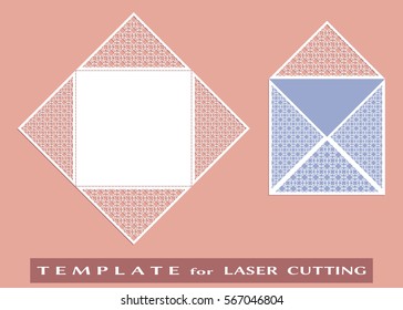 Square laser cut envelope template. Vector openwork filigree template for wedding invitation or greeting card. Decorative design element with lace ornament, hand drawn doodle floral pattern.