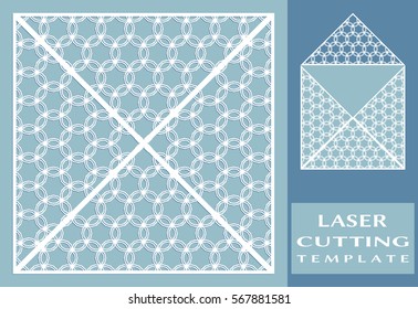 Square laser cut envelope template. Vector openwork filigree template for wedding invitation or greeting card. Decorative design element with lace ornament, hand drawn doodle floral pattern.