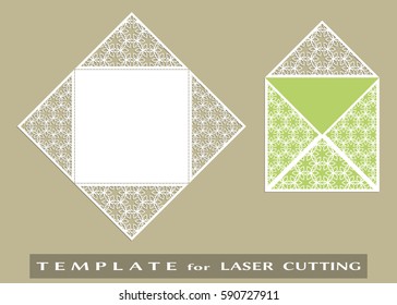 Square laser cut envelope template. Vector openwork filigree template for wedding invitation or greeting card. Decorative design element with lace ornament, hand drawn doodle floral pattern.