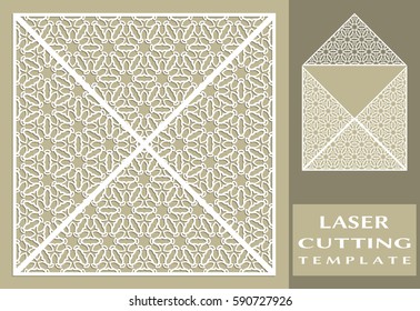 Square laser cut envelope template. Vector openwork filigree template for wedding invitation or greeting card. Decorative design element with lace ornament, hand drawn doodle floral pattern.