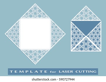 Square laser cut envelope template. Vector openwork filigree template for wedding invitation or greeting card. Decorative design element with lace ornament, hand drawn doodle floral pattern.