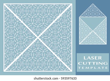 Square laser cut envelope template. Vector openwork filigree template for wedding invitation or greeting card. Decorative design element with lace ornament, hand drawn doodle floral pattern.