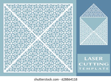 Square laser cut envelope template. Vector openwork filigree template for wedding invitation or greeting card. Decorative design element with lace ornament, hand drawn doodle floral pattern.