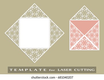 Square laser cut envelope template. Vector openwork filigree template for wedding invitation or greeting card. Decorative design element with lace ornament, hand drawn doodle floral pattern.