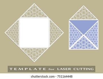 Square laser cut envelope template. Vector openwork filigree template for wedding invitation or greeting card. Decorative design element with lace ornament, hand drawn doodle floral pattern.