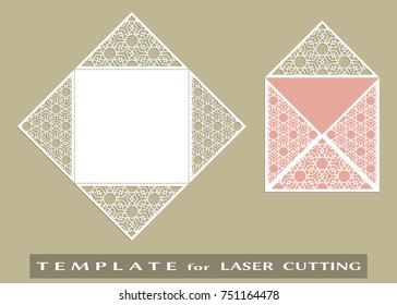Square laser cut envelope template. Vector openwork filigree template for wedding invitation or greeting card. Decorative design element with lace ornament, hand drawn doodle floral pattern.