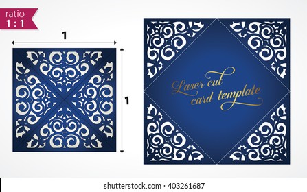 Square laser cut invitation template. Card for lasercutting or die cutting. Lazercut wedding invitation card. Lazer cut vector lace folds. Wedding invitation. Die cut card wedding invitation template.