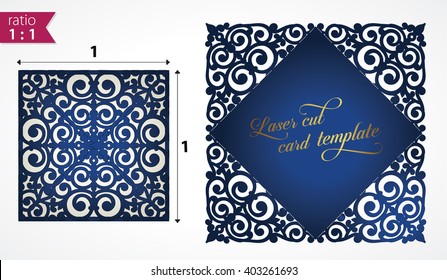 Square laser cut wedding invitation template. Card for die cutting. Lazercut wedding invitation card. Lazer cut vector lace folds. Wedding invitation mock-up. Die cut card wedding invitation template.