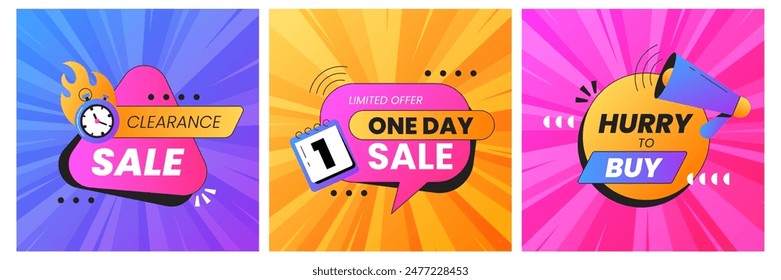 Square last time offer or hot sales banners in vibrant colors. One day sale promo covers with stopwatch and megaphone icon. Discount promotion poster template for social media, online shopping website