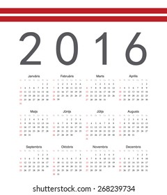 Square Latvian 2016 year vector calendar. Week starts from Sunday.