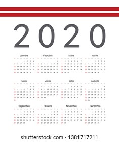 Square Latvian 2020 year vector calendar. Week starts from Sunday.