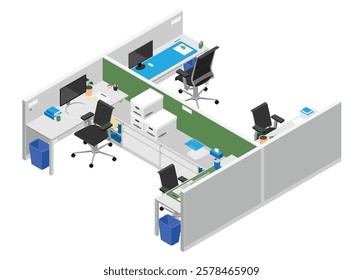 Layout quadrado de um ambiente de escritório de cubículo corporativo para quatro funcionários com adereços - fácil de reorganizar e editar