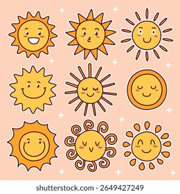 Square layout of playful sun characters with various facial expressions and ray styles, drawn on pastel background in warm tones