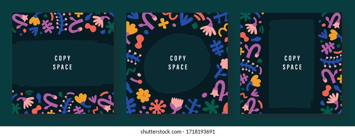 Quadratische Layoutvorlagen-Kollektion für Social Media, mobile Apps oder Banner-Design mit Kopienraum. Paket sozialer Medien. Modernes abstraktes Ornament mit doodlen Formen und Blumenillustrationen, Rahmen