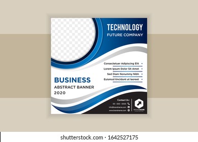 Square layout templates for social media, mobile apps or flyer. Social media banner with gradient blue and black element designs. Quarter circle space for photo. wavy style match for technology ad.