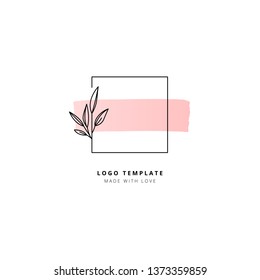 Square with leaves and pink horizontal stroke logo template 