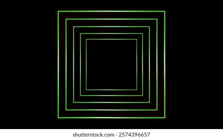 Square LED tunnel in perspective. Green neon frame. 3D vector illustration isolated on dark background.