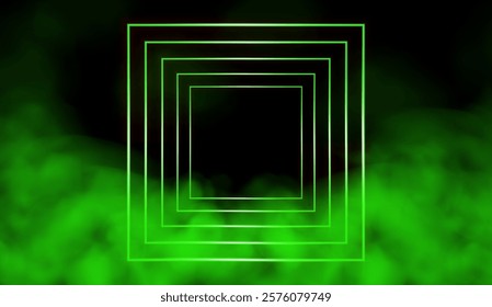 Square LED tunnel in perspective with green smoke. Neon frame. 3D vector illustration isolated on dark background.