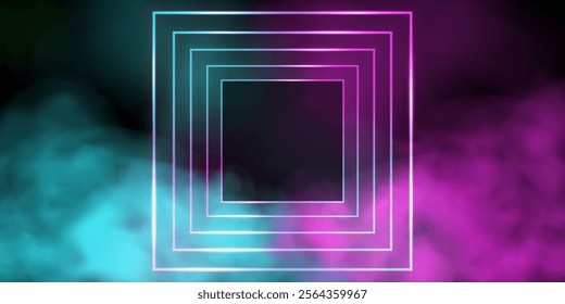 Square LED tunnel in perspective with pink and blue smoke. Neon frame. 3D vector illustration isolated on dark background.