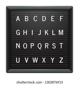 Square Letter Board With White Plastic Letters. Black Plastic Frame For Messages, Quotes Or Mugshot. Universal Advertising Mockup For Banner, Poster, Menu Or Sign.