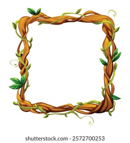 Square liana frame with natural twists and leaves. Vector cartoon illustration