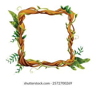 Square liana vine frame with tropical leaves. Perfect for nature themed designs. Vector cartoon illustration