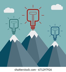 Square light bulb at the top of a mountain. New idea concept. Vector illustration.