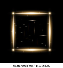 Square with light effects, laser lines with sparks on black background, light effect, golden color