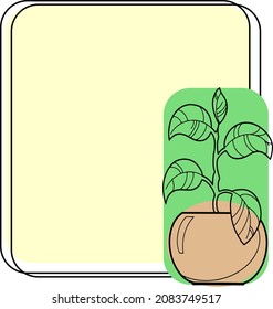 Square light yellow frame with a house plant in a round pot, vector illustration with an empty space for insertion, emblem icon