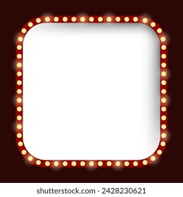 Square lightbox. Empty white background, retro light bulbs. Cinema, rectangular, show, shine, frame, advertising, backlight, attract attention, bright, festive, carnival. Vector illustration