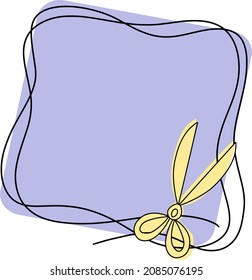 Square lilac frame with an empty place for insertion, for needlework, golden scissors, one-line drawing, emblem icon