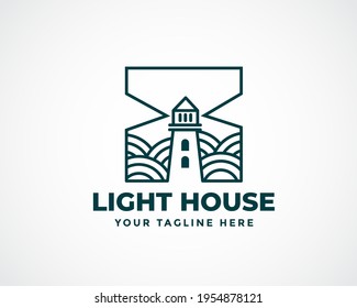 Square line art lighthouse cloud background logo design illustration