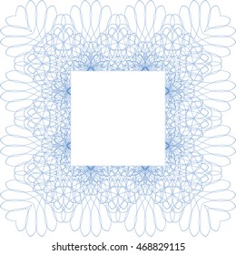 Square line border frame with abstract blue guilloche lace contour on white (transparent) background. Space for text can be used for invitations, poster or greeting cards. Vector illustration eps